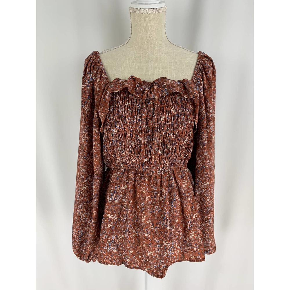 Hayden Los Angeles Ditsy Floral Smocked Long Sleeve Top Womens Medium Brown New